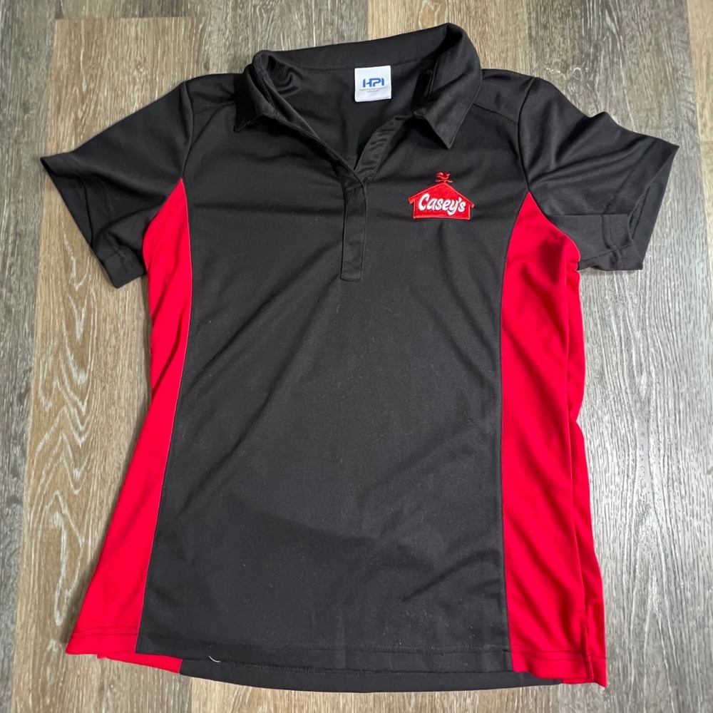 HPI Casey's General Store Polo Womens Medium Black Red Embroidered Work Shirt